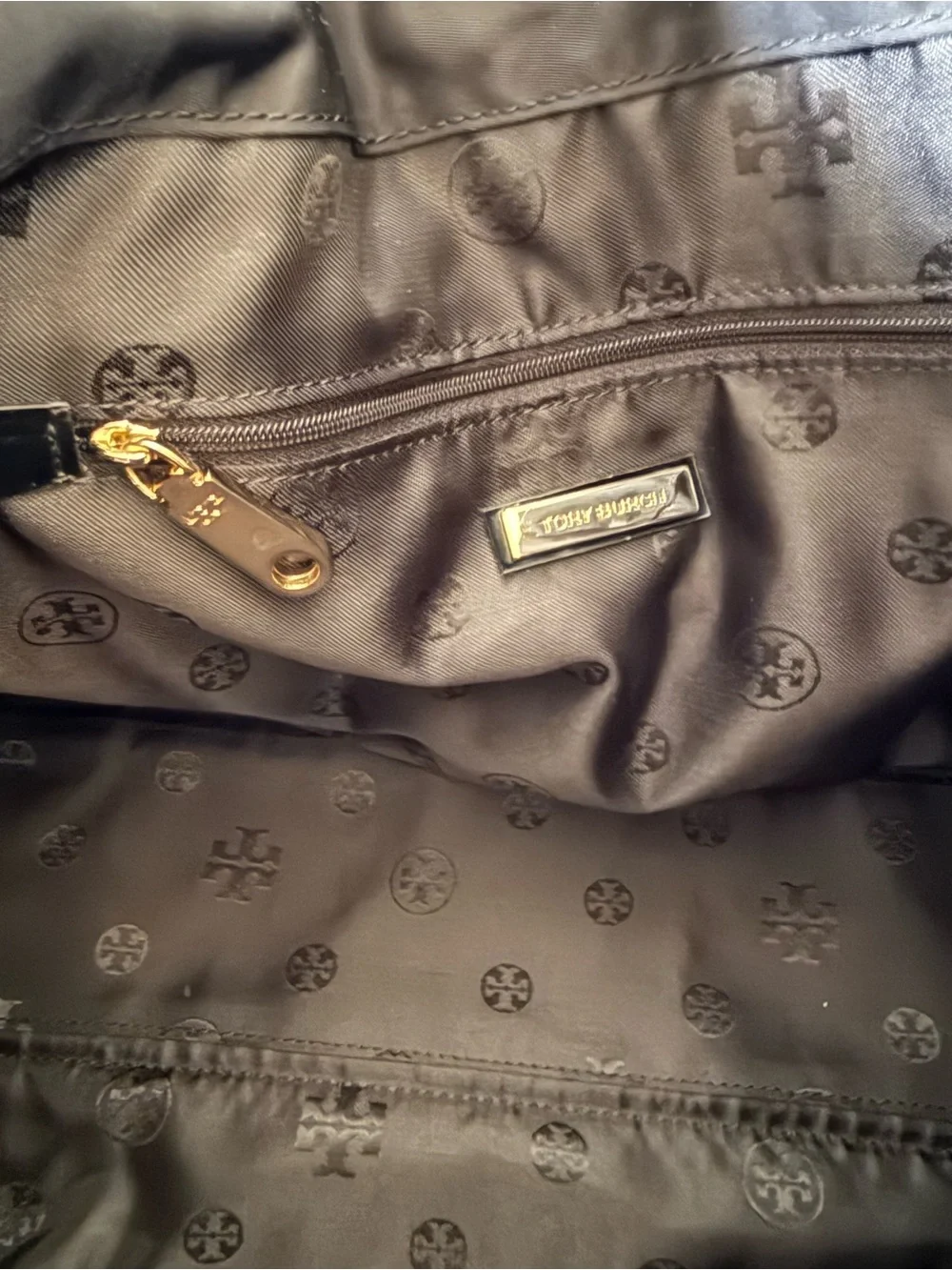 Tory Burch Ella Black Nylon Patent Logo Large Tote Shoulder Bag